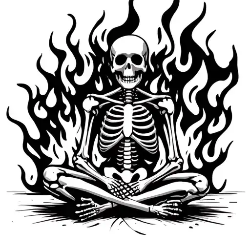 Skeleton Sitting Cross Legged Pose On Fire Inside