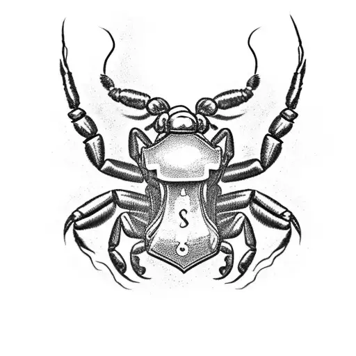 A Realistic Black-grey Tattoo Of A Scorpion Holding The Scouts Emblem Like A Scarab