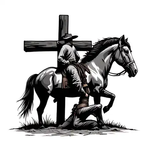 Cowboy With A Horse Kneeling To A Cross