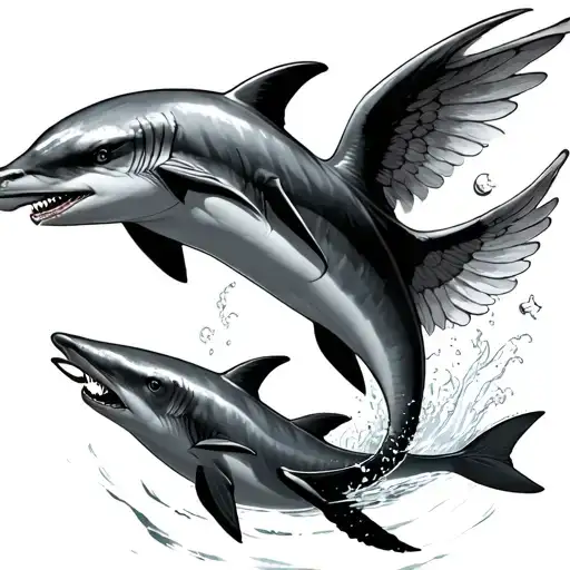 Delphin And A Winged Shark Swimming Together In Peace