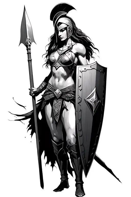 Ares As A Female Spartan With Spear And Shield Adorned