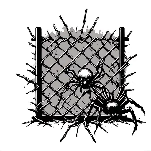 Broken Chain Link Fence With Spider Crawling