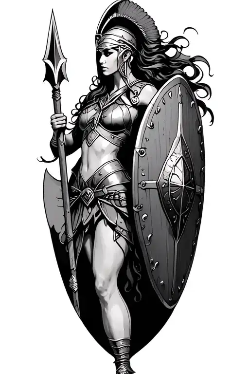 Ares As A Female Spartan With Spear And Shield Adorned
