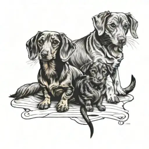 Dachshund And Cat Sitting