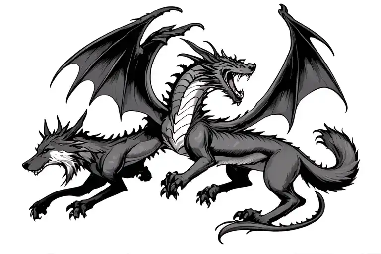 Dragon With Wings Fighting A Wolf