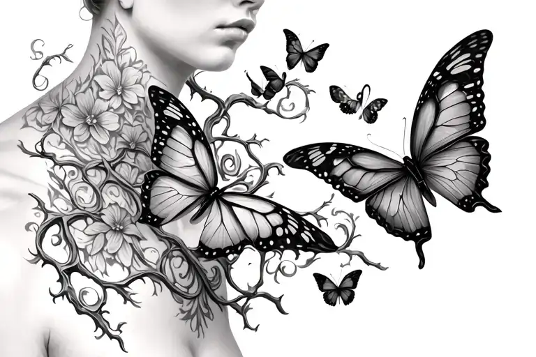 Vines Wrapped Around Collar Bone Looking 3D Open And Close Butterflies Leading Up To Middle Of Chest