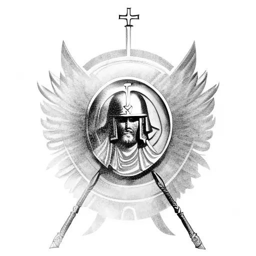 Archangel Michael With Greek Hoplite Helmet Carrying A Shield And On The Shield The German Cross