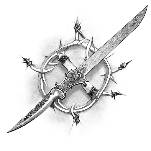 A Sword Pointing Down With The Crown Of Thorns Around The Handle