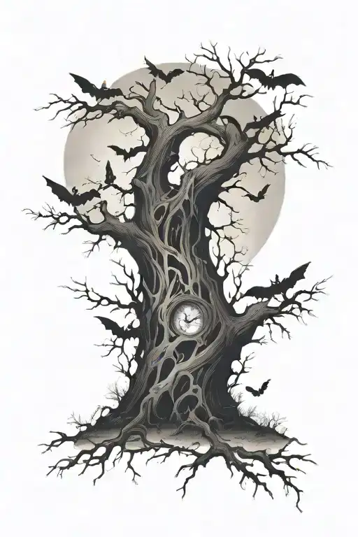 Gothic Lifeless Non Curly Tree Surrounded By Bats And Fog With A Moon Above