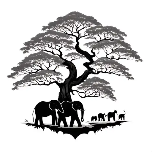 White And Black Trees With Elephants Family