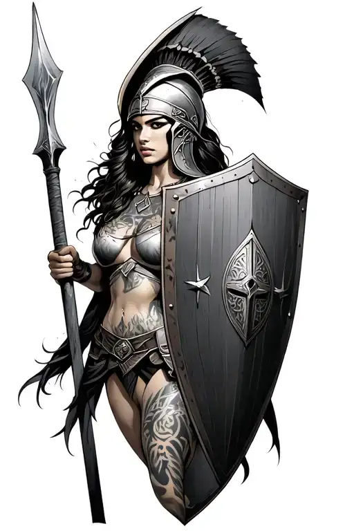 Ares As A Female Spartan With Spear And Shield Adorned