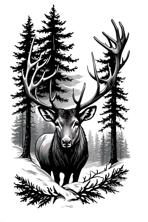 Elk And Deer Head With Trees