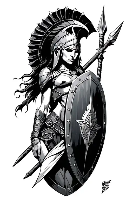 Ares As A Female Spartan With Spear And Shield Adorned