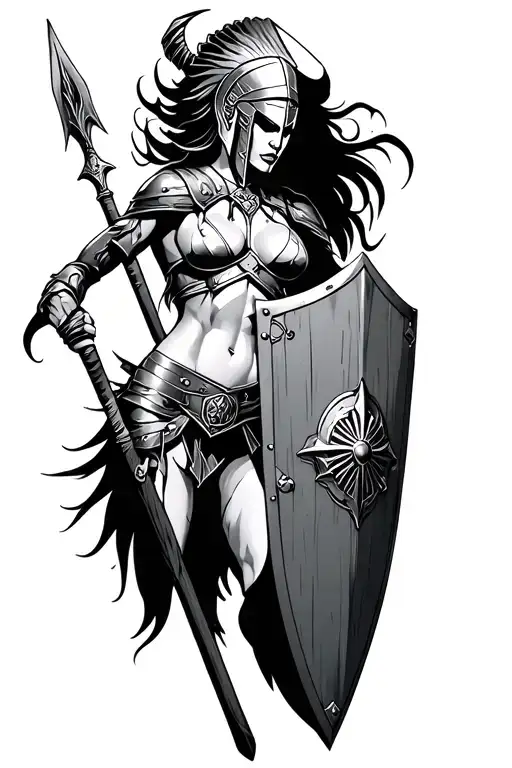 Ares As A Female Spartan With Spear And Shield Adorned
