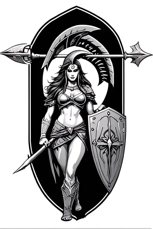 Ares As A Female Spartan With Spear And Shield Adorned