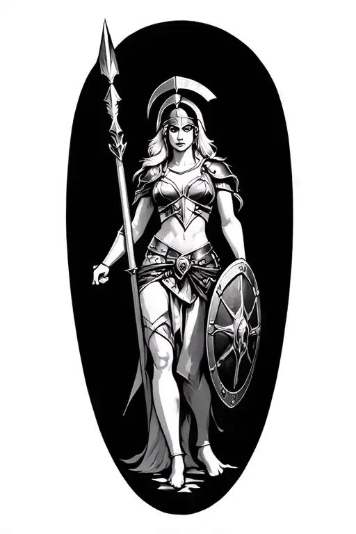 Ares As A Female Spartan With Spear And Shield Adorned