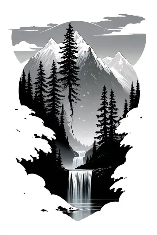 Mountains And Trees And Waterfall