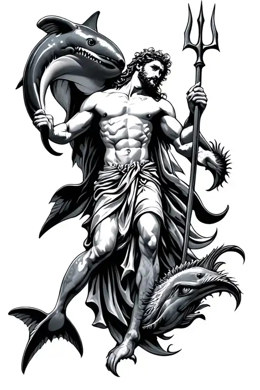 Poseidon Holding A Trident Ve Shark Jumping Dolphin