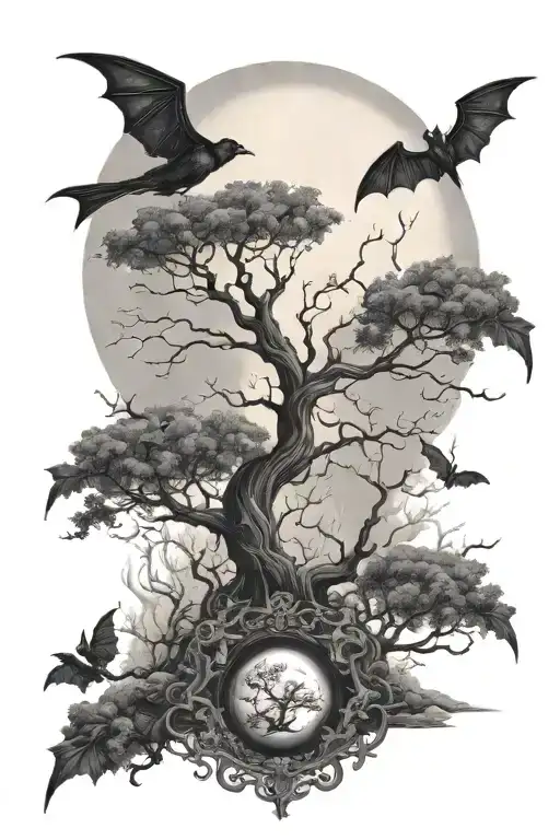 Gothic Lifeless Non Curly Poison Tree Surrounded By Bats And Fog With A Moon Above
