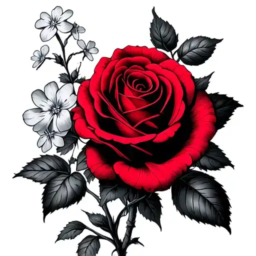 Red And Black Roses With Forget-me-not Flowers