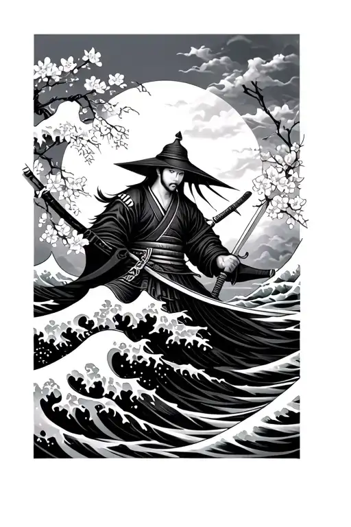 Japanese Waves And Samurai And Cherry Blossoms And Swords