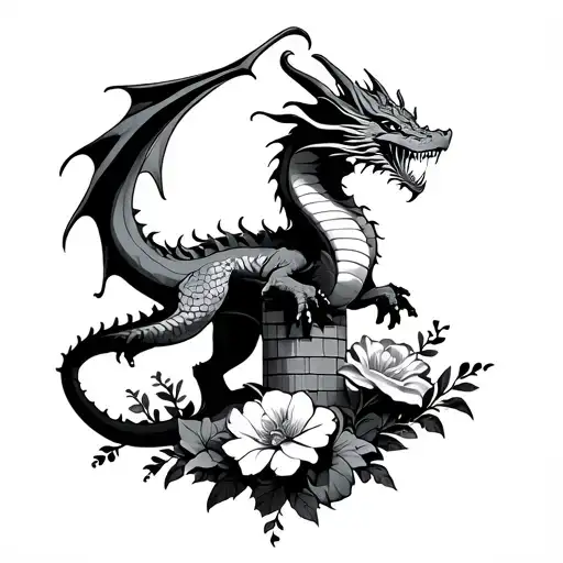 Dragon Standing On Tower Surrounded By Flowers