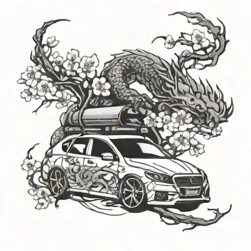 Cherry Blossom Branch With A Car And Dragon Wrapped