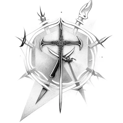 A Sword Pointing Down With The Crown Of Thorns Hanging On The Hilt