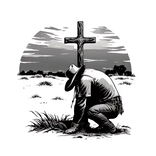 Cowboy Kneeling To A Cross In The Distance