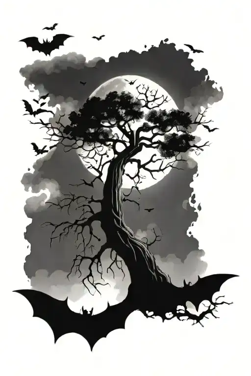 Gothic Lifeless Semi-skinny Non Curly Tree Surrounded By Bats And Fog With A Moon Above