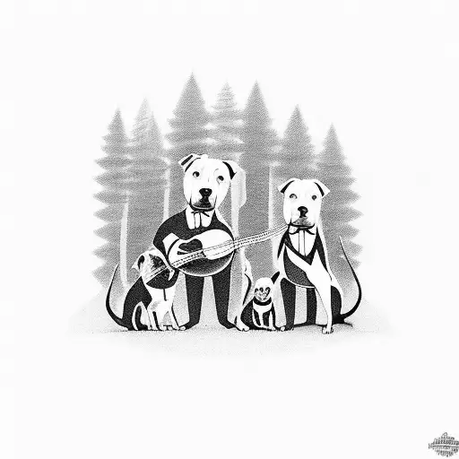A Family Of Pitbulls Playing Musical Instruments In A Forest