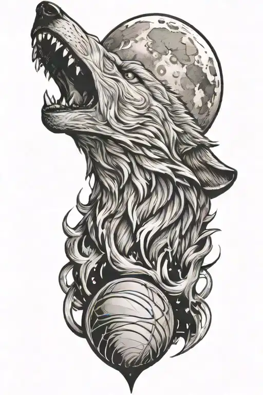 A Cosmic Wolf Howling At A Basketball Moon Intertwined