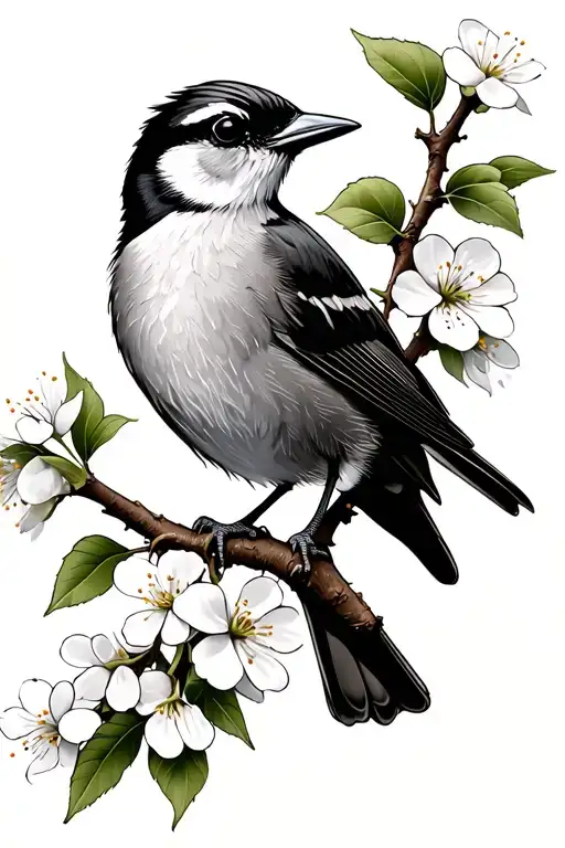 Shrike Bird With Curved Beak On A Hawthorn Tree Branch With White Flowers