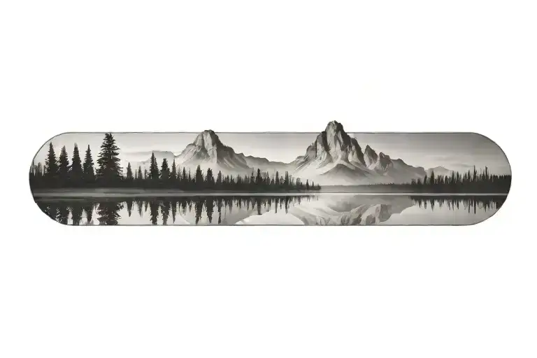 Small And Large Mountain Range With A Lower Tree Line Reflecting Into A Calm Lake