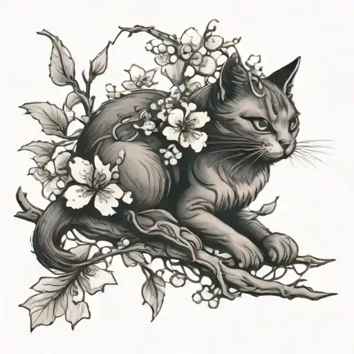 Cat On Cherry Blossom Branch Surrounded By Dragon