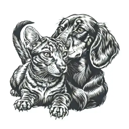Dachshund And Cat Sitting