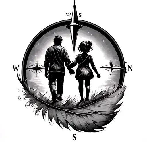 Father And Dauther Walking On A Feather Towards The Horizon With A Compass Besides Them