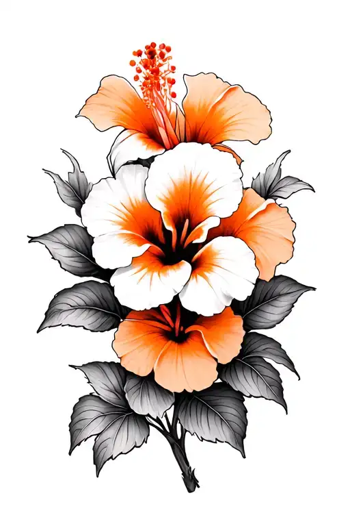 Orange Hibiscus Flower With Black And Shaded Primrose Flowers
