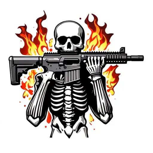 Skeleton With Ar-15 With Fire Behind It