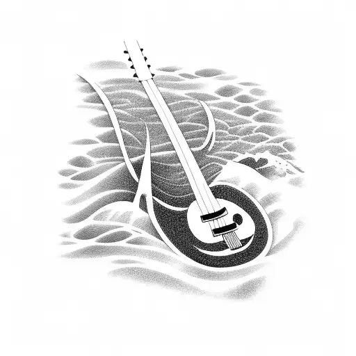 A Beach Scene With A Surfboard Shaped Like A Guitar