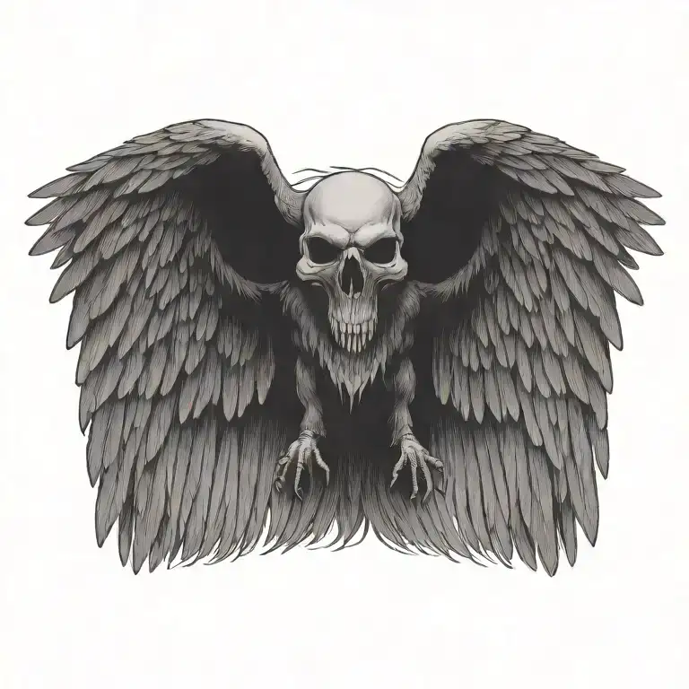 Flying Raven Wings Spread Wide Detailed Skull Carrying