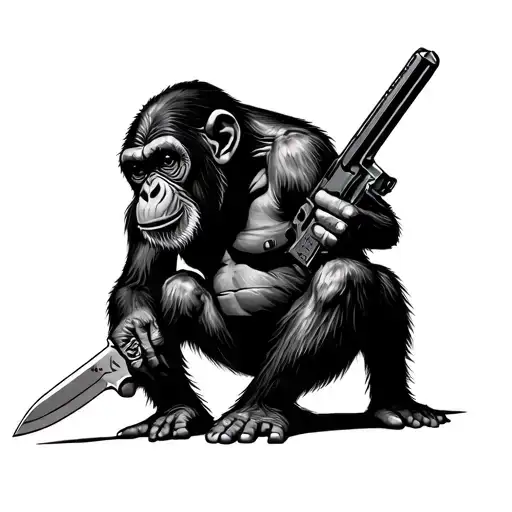 Chimpanzees With A Gun And A Knife