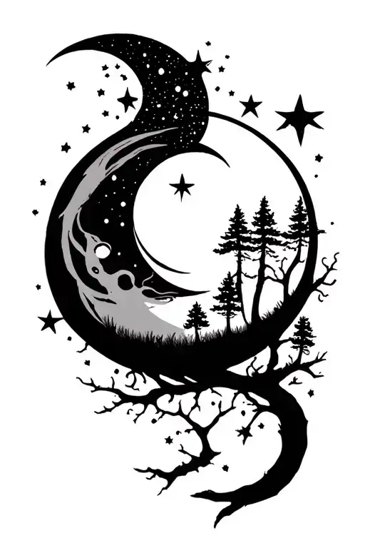 Moon With Trees And Stars