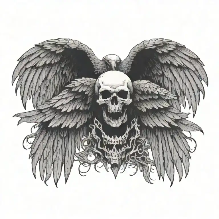 Flying Raven Wings Spread Wide Detailed Skull Carrying