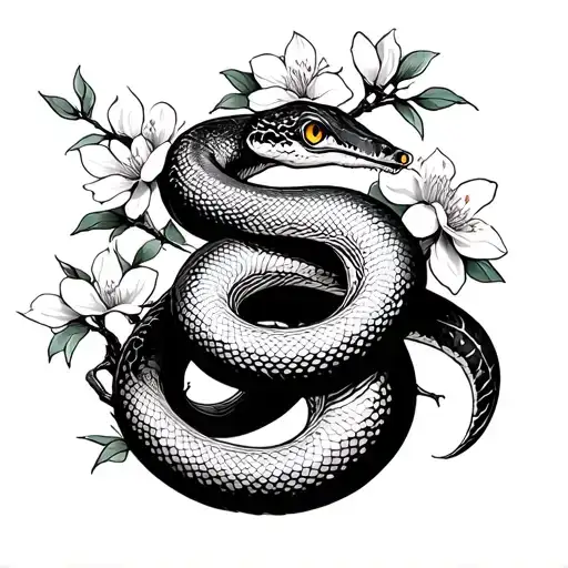 Snake Wrapped In A Blossom Tree Surrounded