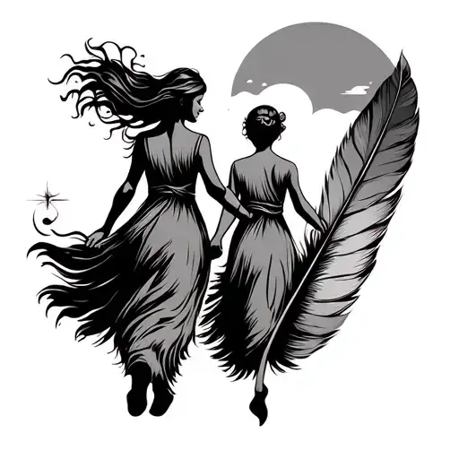 Mother And Dauther Walking On A Feather Towards The Horizon With A Compass