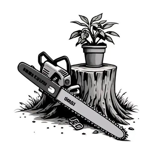 Chain Saw Leaning Next To A Tree Stump With A Plant Pot On Top Of The Stump