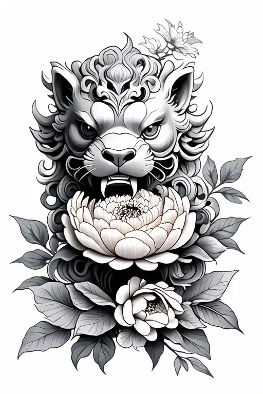 Foo Dog With Peony Flower