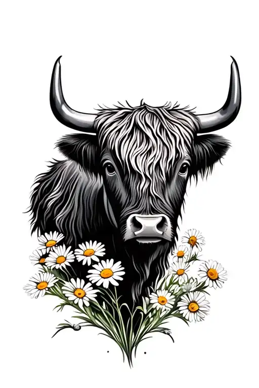 Highland Cow Head With Daisy Flowers Growing