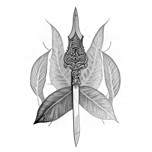 A Black And Grey Sketch Of A Dagger Knife Surrounded By Delicate Leaf Motifs
